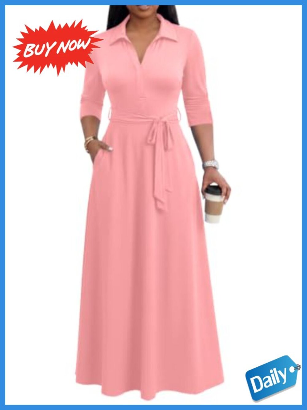 Women's Maxi Dress V-Neck 3/4 Sleeve Semi Formal Church Dress with Pockets